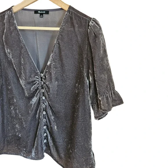Madewell Women’s Velvet Blouse Button Front Puff Sleeve Ruffle Grey Size 14 - Picture 2 of 9